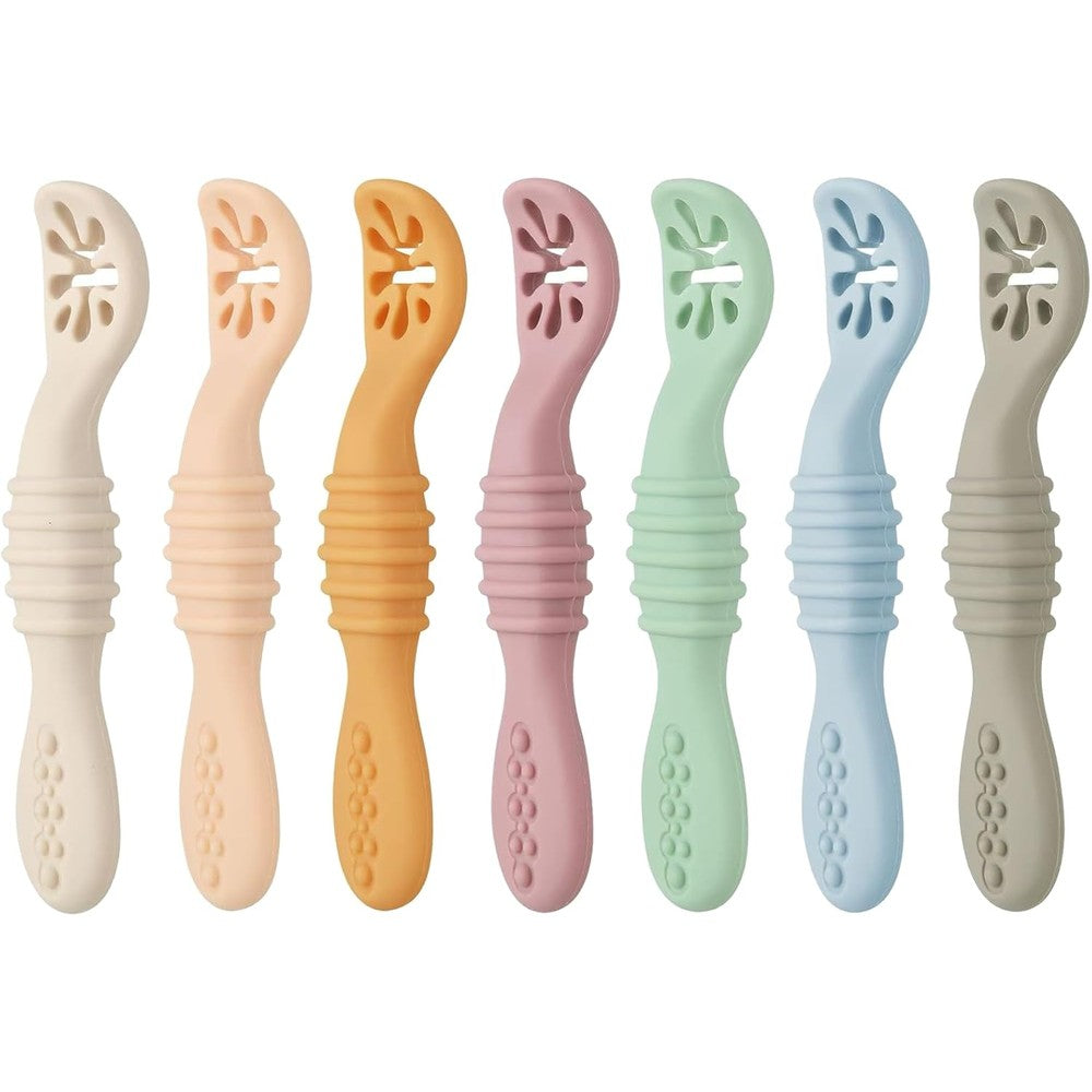 PandaEar soft silicone baby spoons 7 pack front view showing colorful weaning utensils.