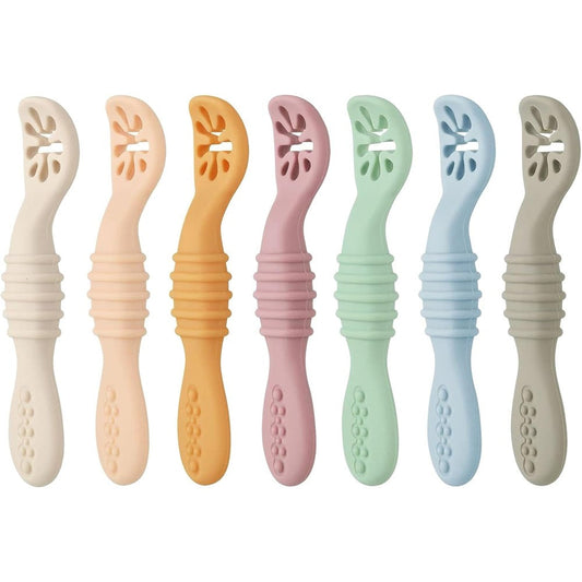 PandaEar soft silicone baby spoons 7 pack front view showing colorful weaning utensils.