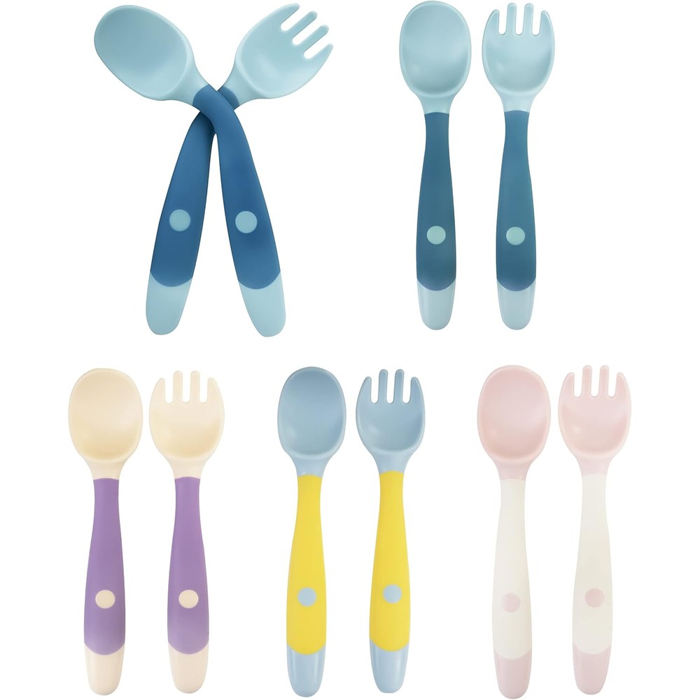 DF DUALFERV 10 Piece Toddler Utensils front view displaying colorful silicone spoons and forks