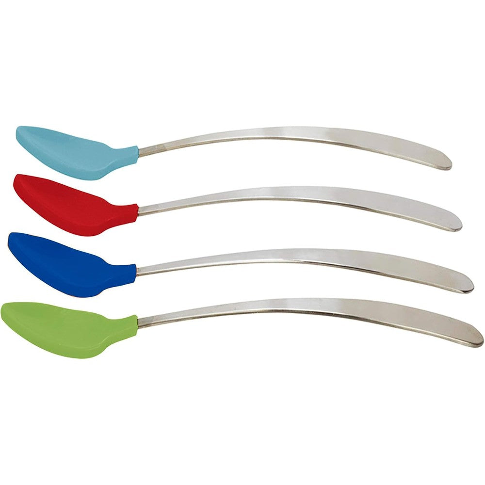 First Essentials by NUK Soft-Bite Infant Spoons four pack front view showing colorful silicone tips.