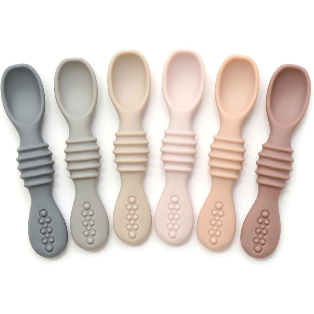 PrimaStella silicone chew spoon set front view of six piece neutral palette baby spoons