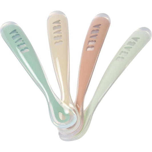 Béaba Baby's First Foods Spoon Set front view of four sage green silicone spoons