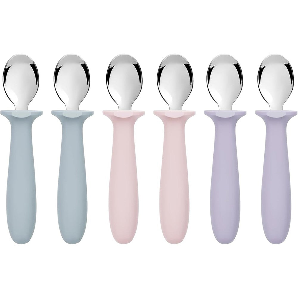VITEVER toddler spoons set front view of six multi-colored stainless steel baby feeding spoons