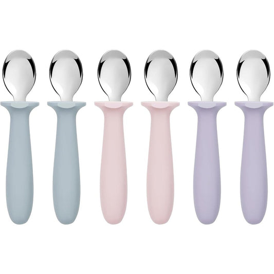 VITEVER toddler spoons set front view of six multi-colored stainless steel baby feeding spoons