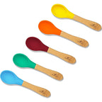 Avanchy Bamboo and Silicone Baby Spoon Set front view of five colorful self feeding utensils.