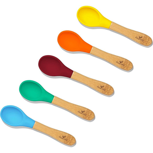 Avanchy Bamboo and Silicone Baby Spoon Set front view of five colorful self feeding utensils.