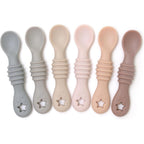 PrimaStella Little Dippers First Stage Silicone Baby Spoon 6 Pack front view showing the neutral palette colors.