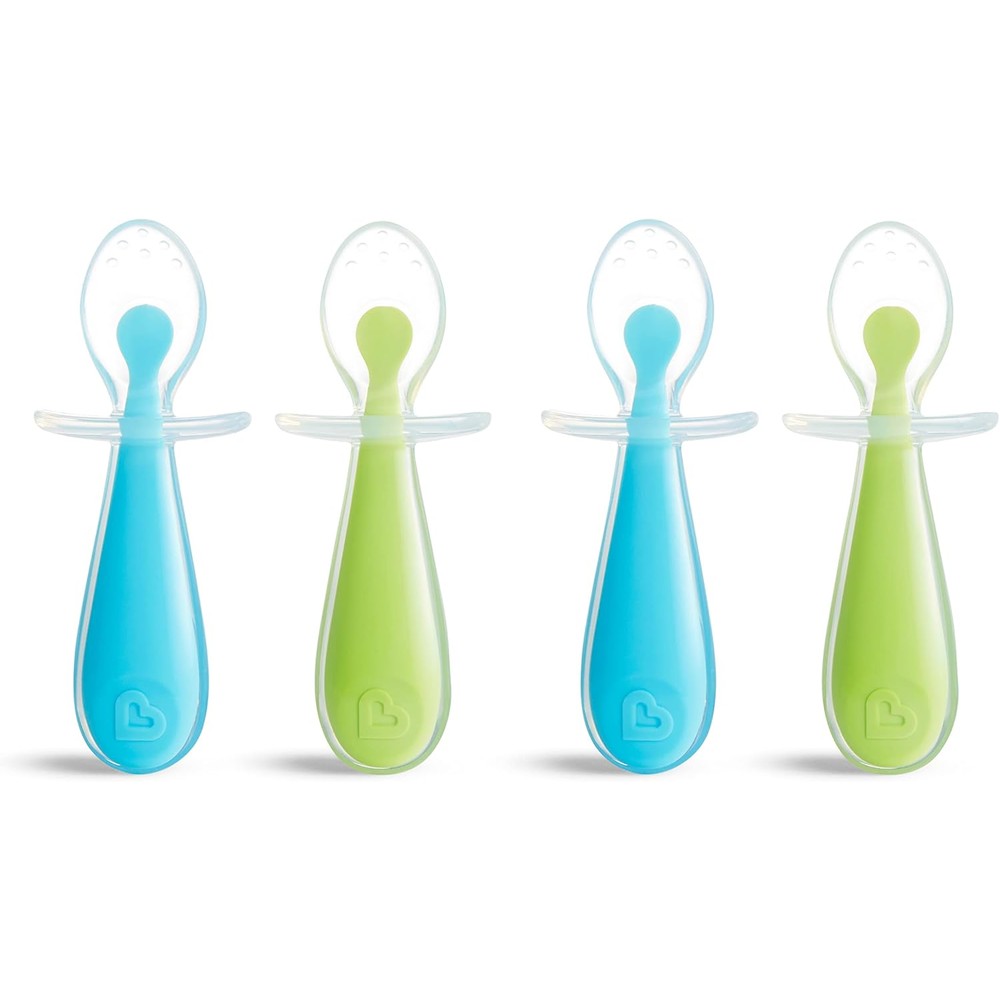 Munchkin silicone scoop trainer spoons front view pack of four in blue and green