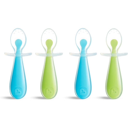 Munchkin silicone scoop trainer spoons front view pack of four in blue and green