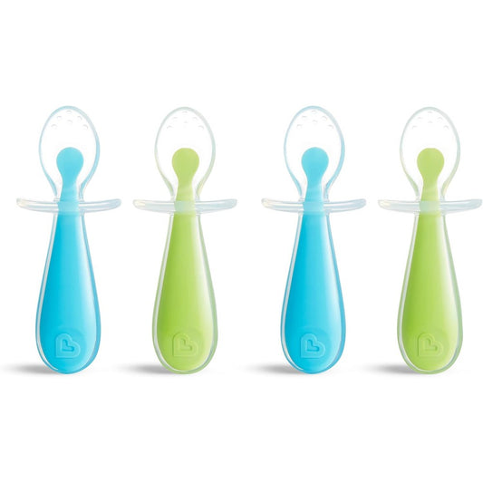 Munchkin silicone scoop trainer spoons front view pack of four in blue and green
