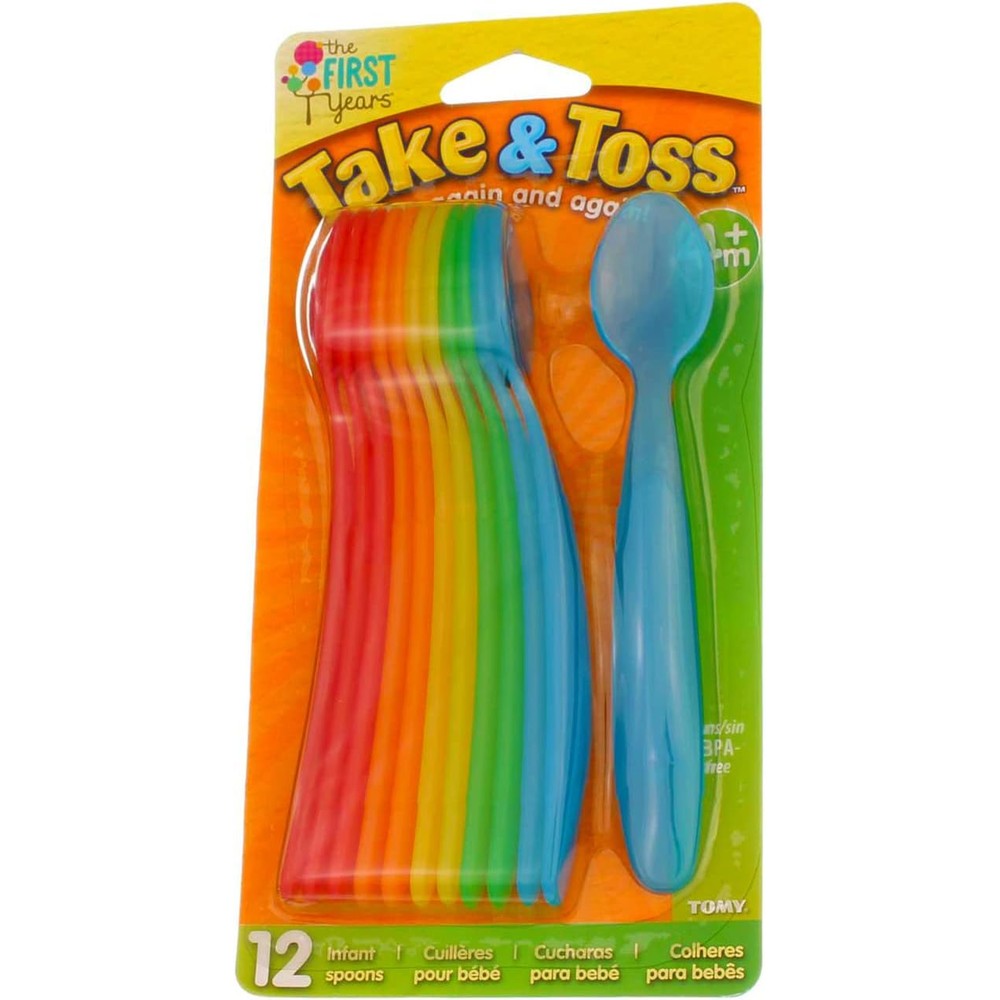 The First Years Take and Toss Infant Spoons 12 count pack front view showcasing bright multicolor plastic baby spoons.