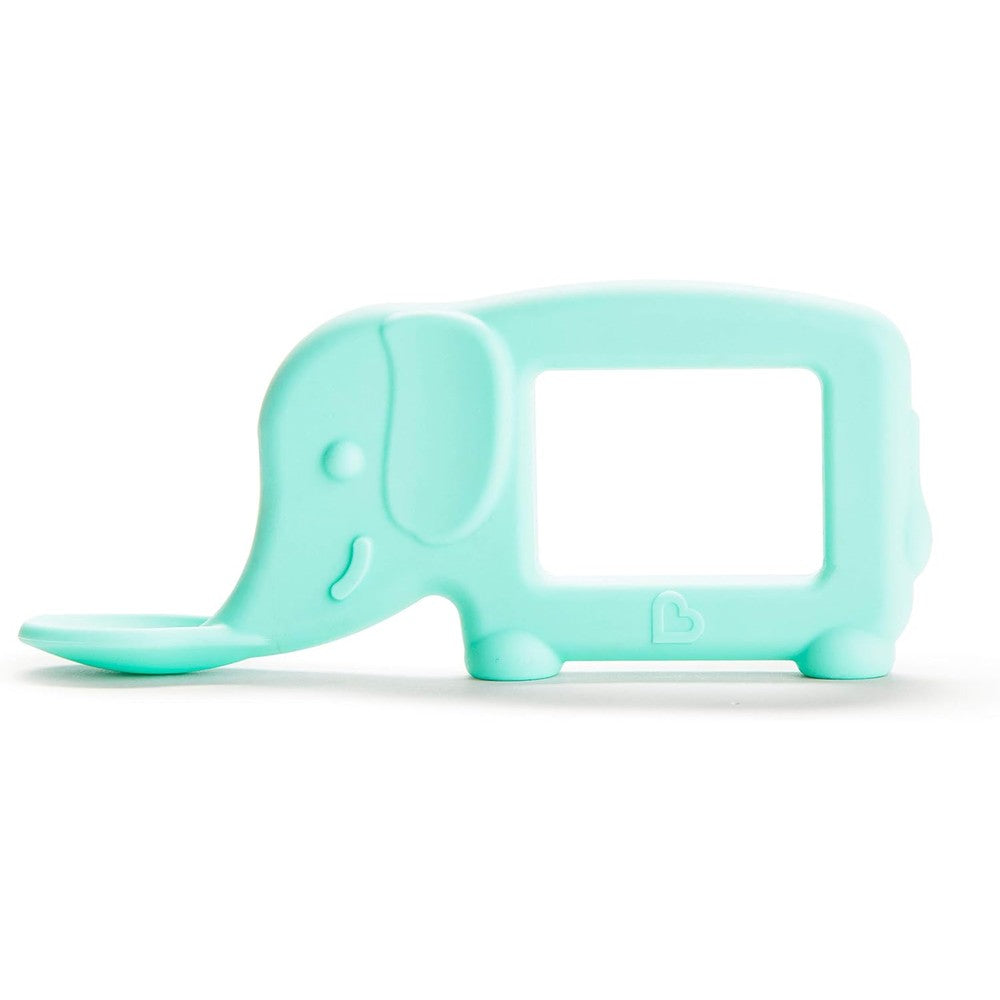 Munchkin The Baby Toon silicone teether spoon front view in mint green elephant shape.