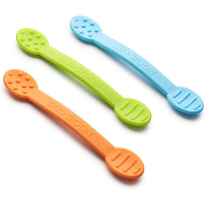 Special Supplies Duo Spoon oral motor therapy tools 3 pack front view showing orange green and blue textured spoons.
