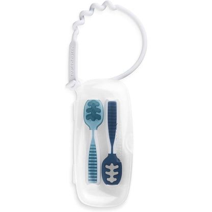 NumNum baby spoons set front view in blue and navy color packaging.