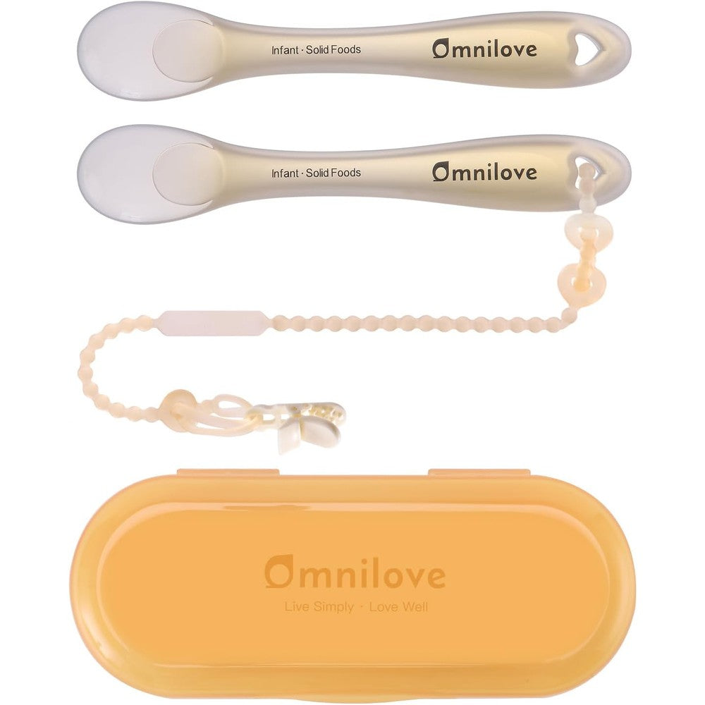 Omnilove silicone baby spoons front view showing pink and green self feeding utensils with cases.