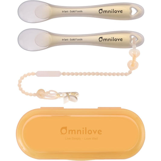 Omnilove silicone baby spoons front view showing pink and green self feeding utensils with cases.