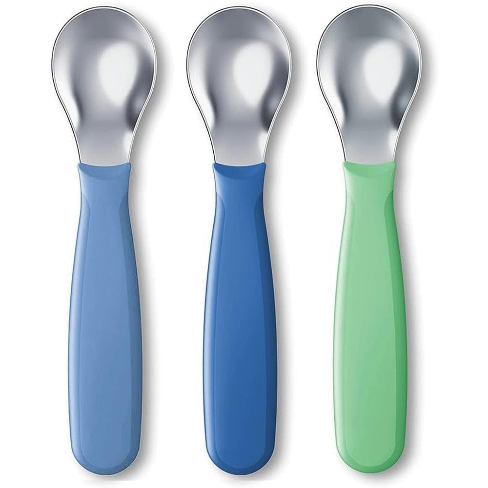 NUK Kiddy Cutlery Spoons 3 Pack front view premium stainless steel toddler self feeding utensils
