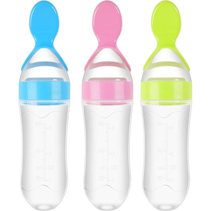 ITSYYBOO baby food feeder front view showing the blue silicone squeeze dispensing spoon bottle.