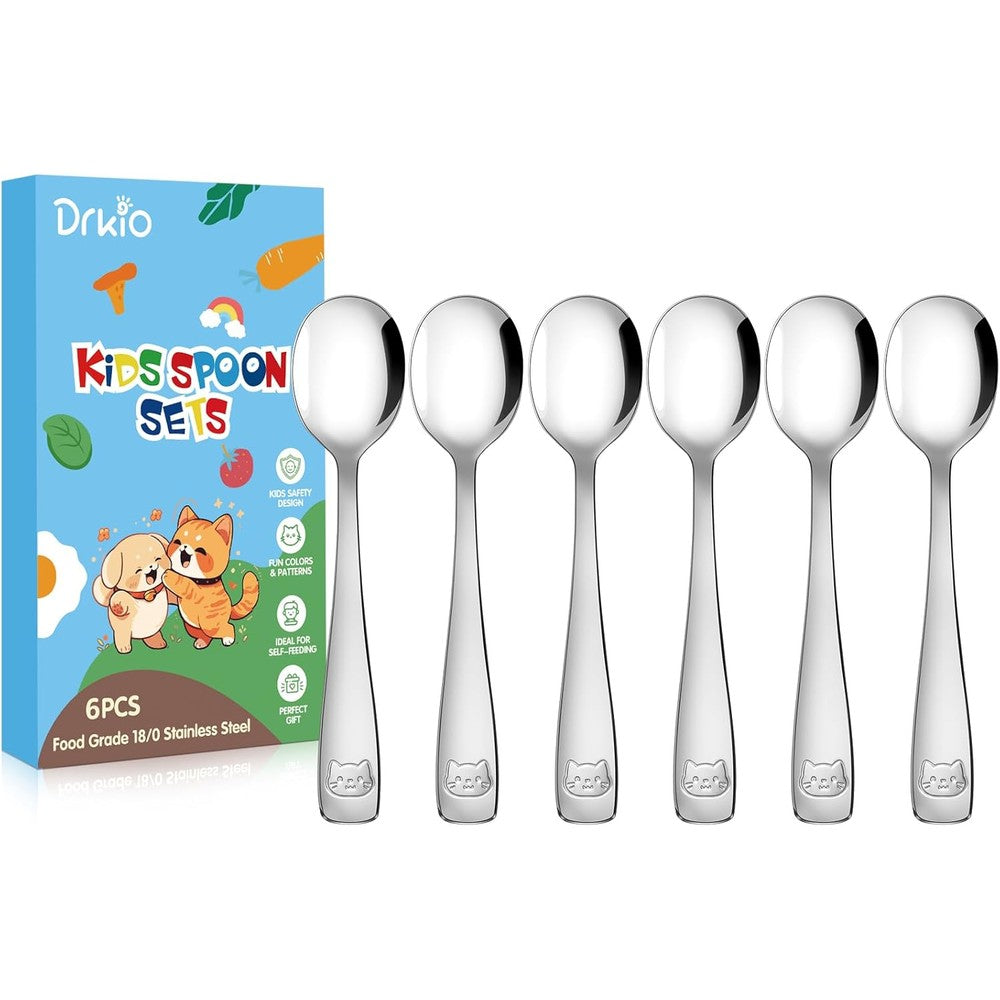 DRKIO stainless steel toddler spoons set front view of six pieces displaying mirror finish