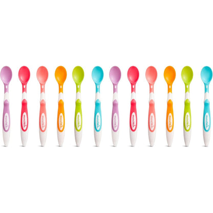 Munchkin soft tip baby spoons front view showcasing twelve colorful infant utensils.