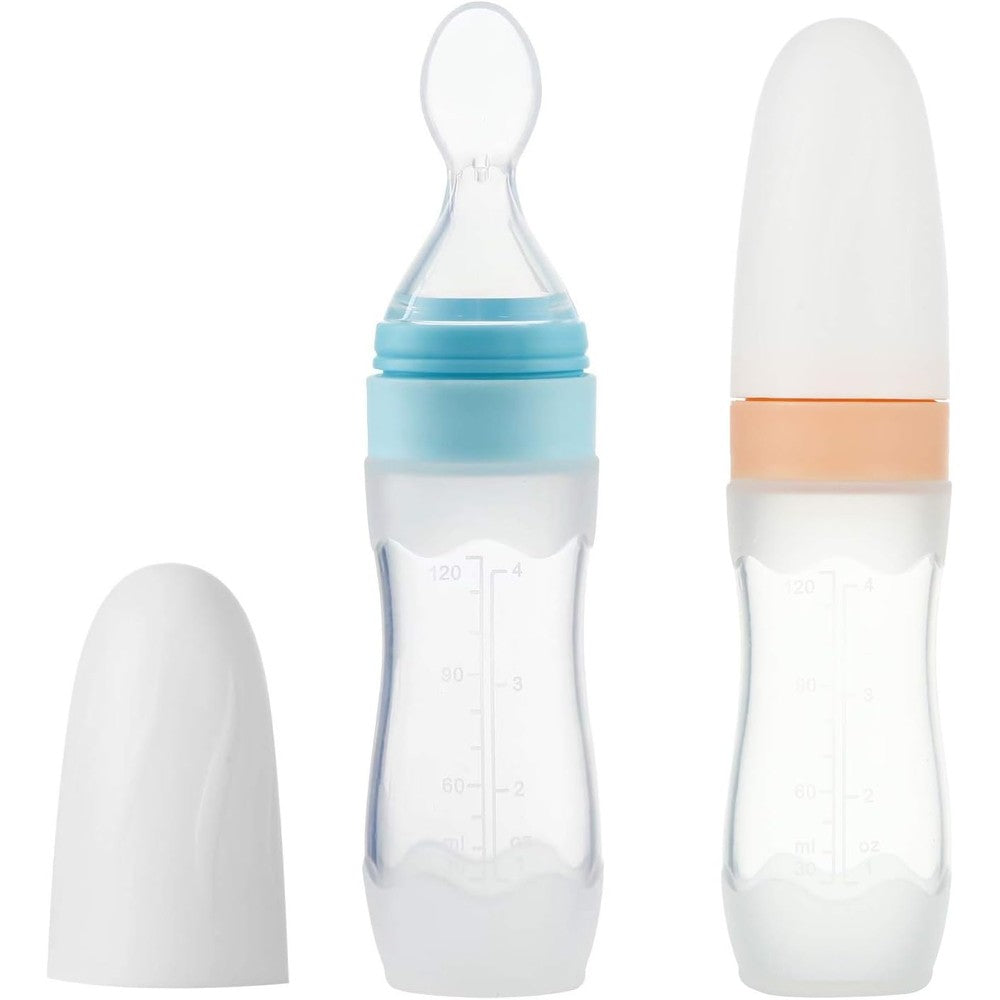 PandaEar silicone baby food dispensing spoon blue two pack front view on travel counter