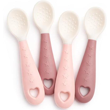 Seposeve silicone baby spoons front view showing the pink and purple 4-pack set for infant feeding.
