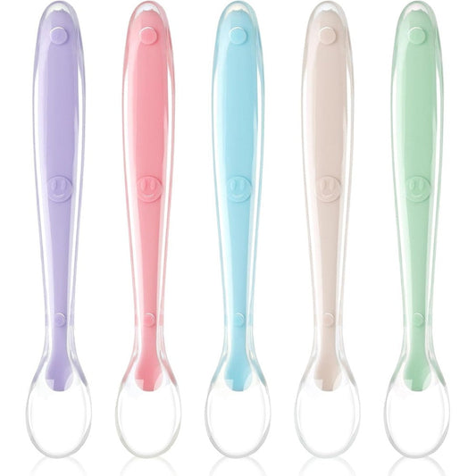 Vicloon Baby Silicone Spoons five piece set front view showing pastel colors