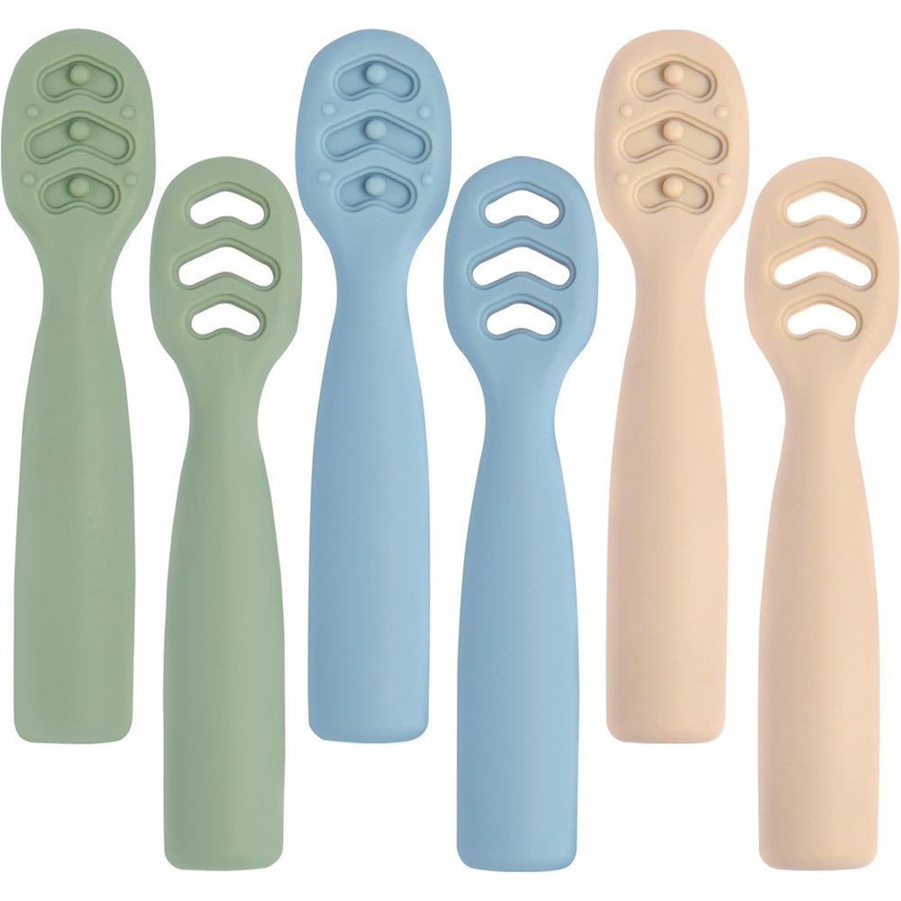 Eascrozn baby spoons self feeding set front view of six multicolored silicone utensils