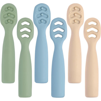 Eascrozn baby spoons self feeding set front view of six multicolored silicone utensils