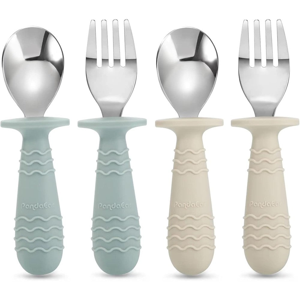 PandaEar baby toddler silicone stainless steel utensils set front view pink and grey training silverware