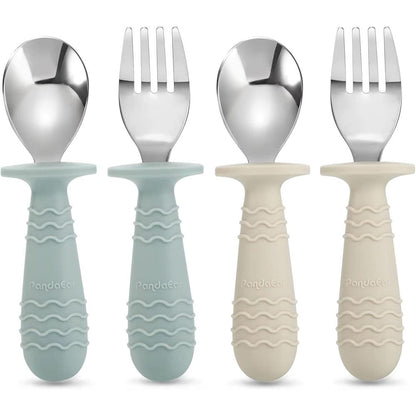 PandaEar baby toddler silicone stainless steel utensils set front view pink and grey training silverware