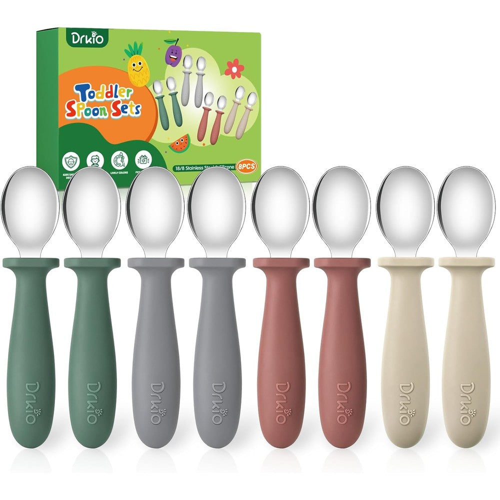 DRKIO 8 Piece Toddler Spoons Set front view showcasing the four gentle colors and stainless steel heads