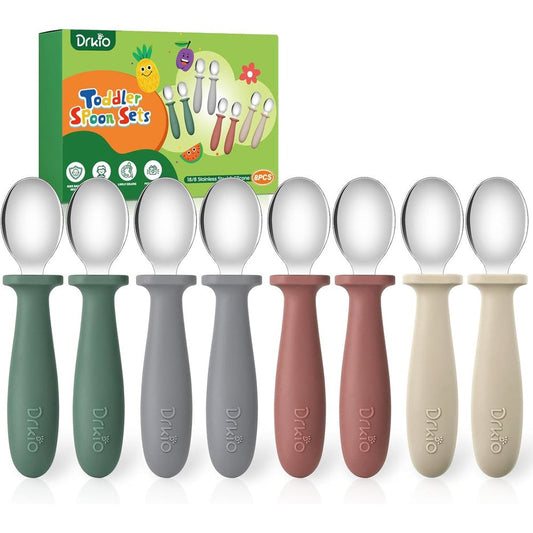 DRKIO 8 Piece Toddler Spoons Set front view showcasing the four gentle colors and stainless steel heads