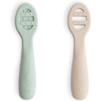 Mushie Silicone First Feeding Baby Spoons front view in Cambridge Blue and Shifting Sand