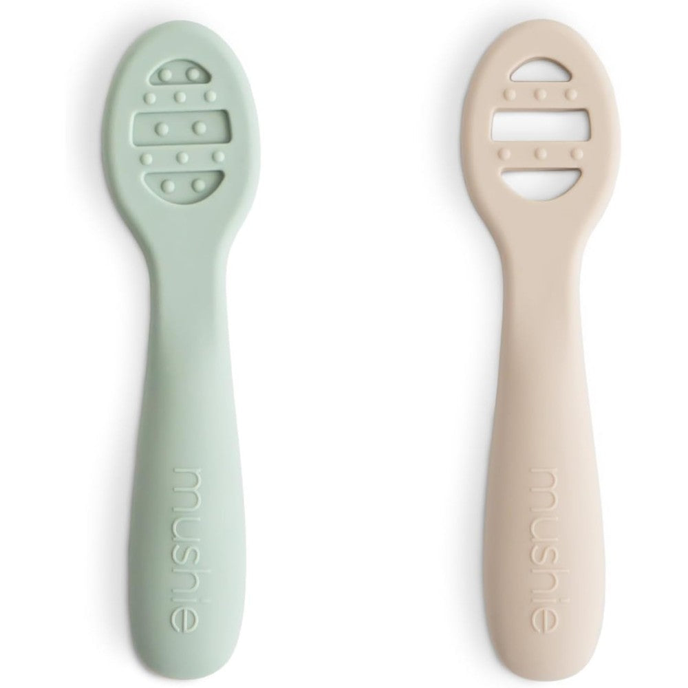 Mushie Silicone First Feeding Baby Spoons front view in Cambridge Blue and Shifting Sand