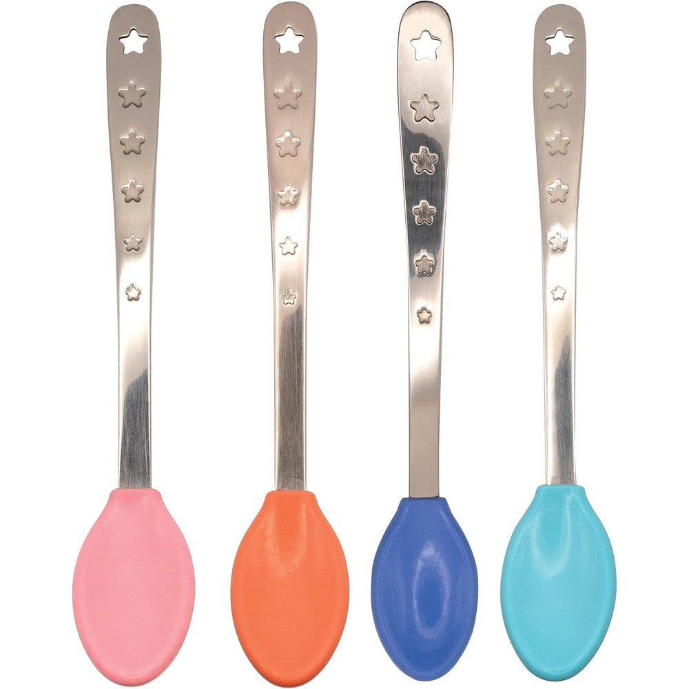 Nuby 2 in 1 Hot Safe Feeding Spoons 4-Pack front view showcasing multicolor baby weaning utensils.