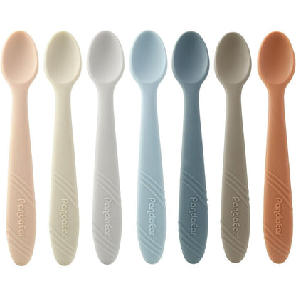 PandaEar seven pack silicone baby feeding spoons front view showcasing vibrant color options.