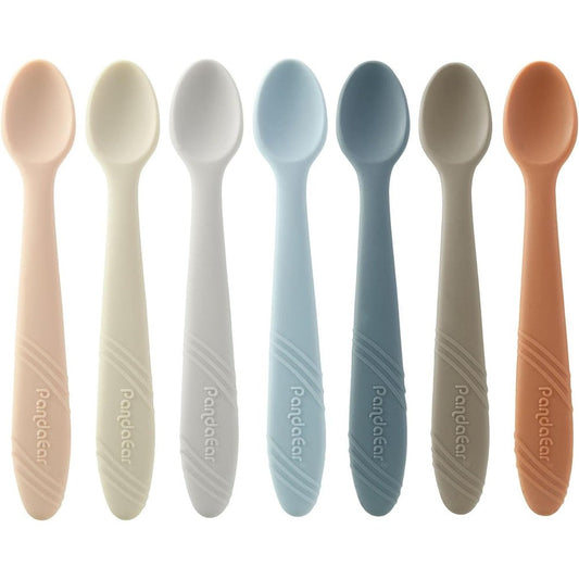 PandaEar seven pack silicone baby feeding spoons front view showcasing vibrant color options.