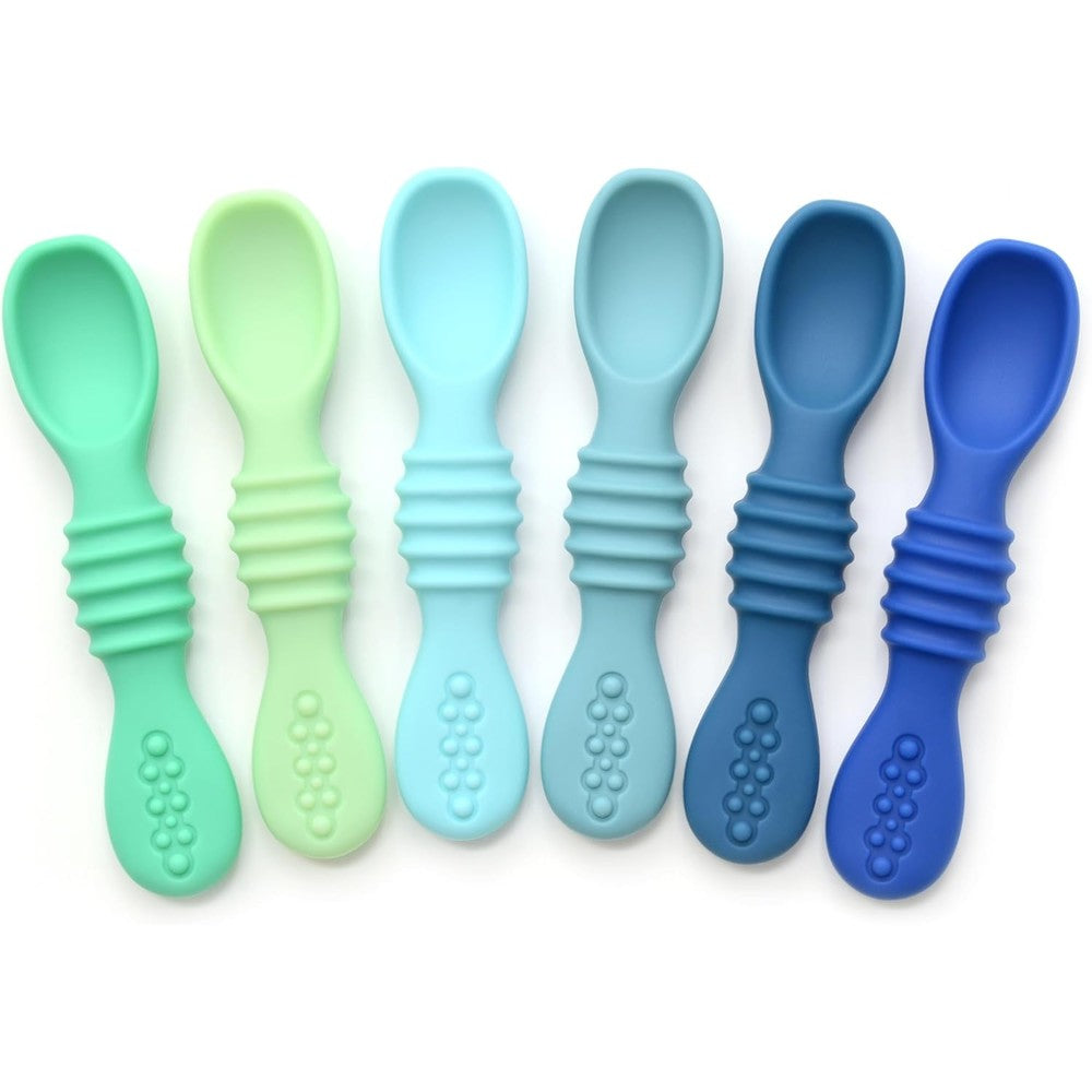 PrimaStella silicone chew spoon set front view pack of six self feeding baby utensils