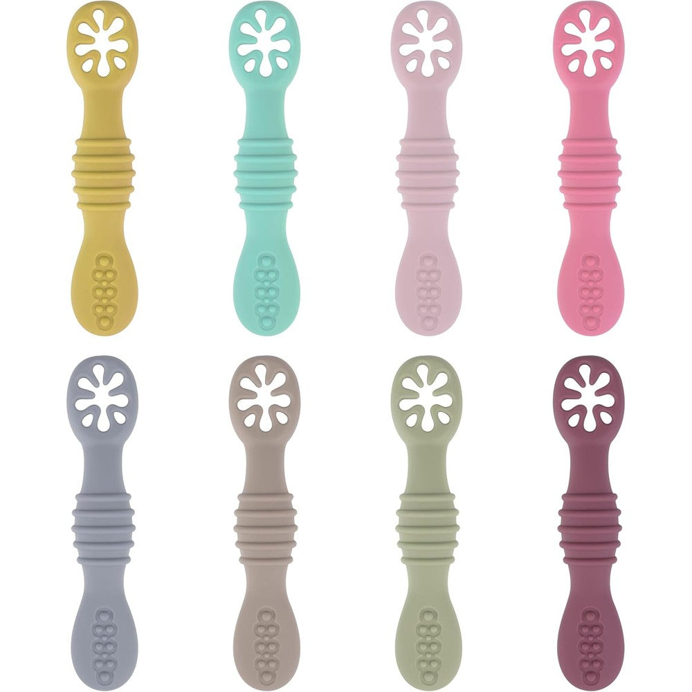 DF DUALFERV silicone baby weaning spoons front view showcasing multicolor eight piece set.