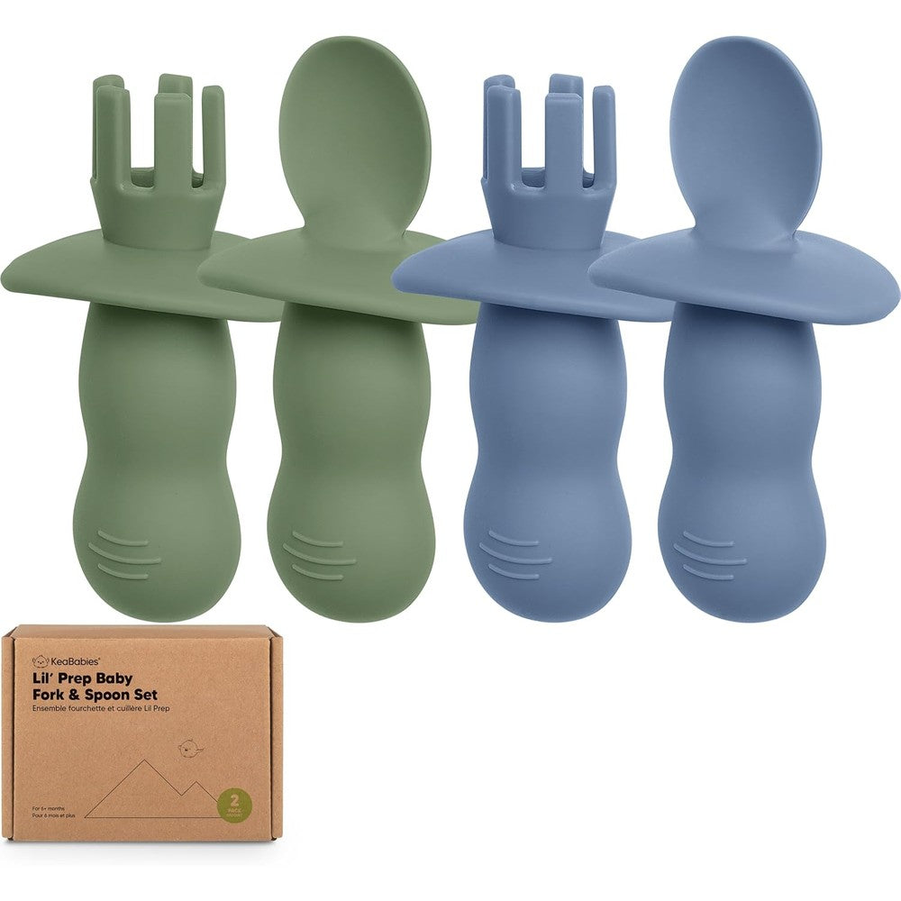 KeaBabies Lil Prep Silicone Baby Spoons and Forks Set front view in slate grey packaging.