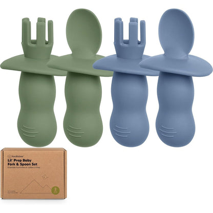 KeaBabies Lil Prep Silicone Baby Spoons and Forks Set front view in slate grey packaging.