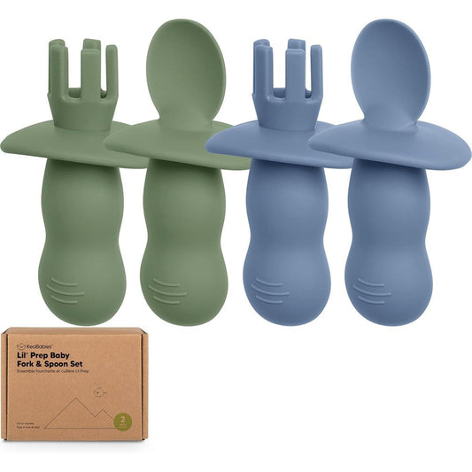 KeaBabies Lil Prep Silicone Baby Spoons and Forks Set front view in slate grey packaging.