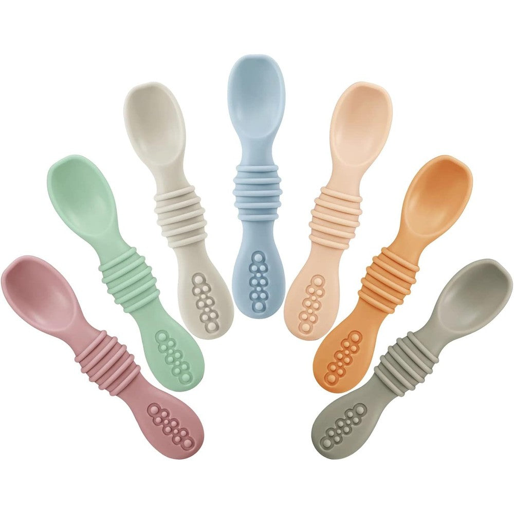 PandaEar silicone baby led weaning spoons 7 pack front view showing multiple bright colors for infant feeding training