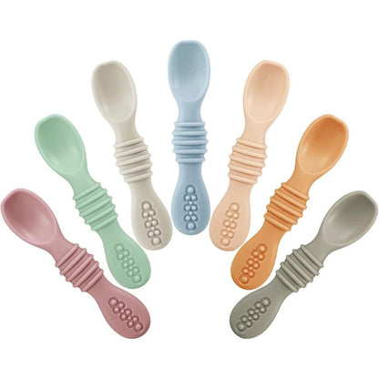 PandaEar silicone baby led weaning spoons 7 pack front view showing multiple bright colors for infant feeding training