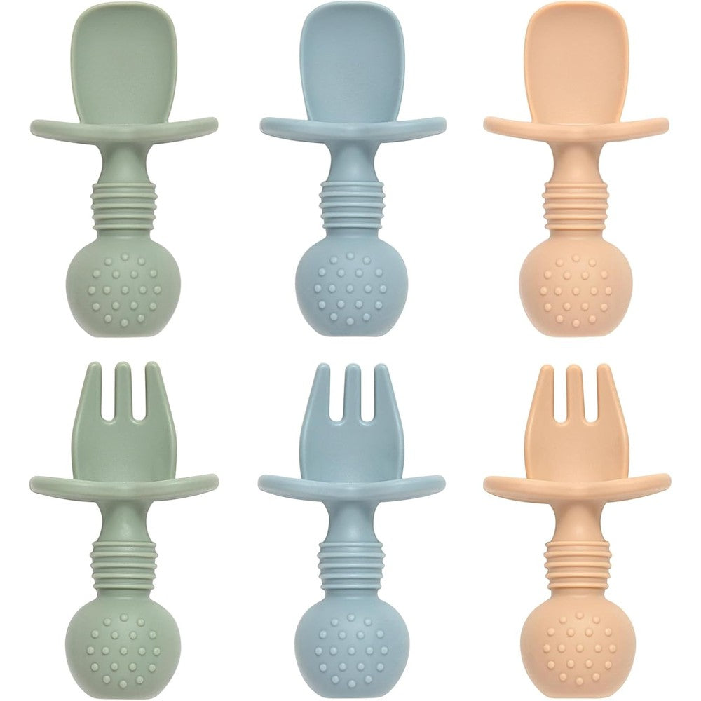 Eascrozn baby spoons and forks feeding set front view of six multi-colored silicone training utensils