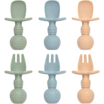 Eascrozn baby spoons and forks feeding set front view of six multi-colored silicone training utensils