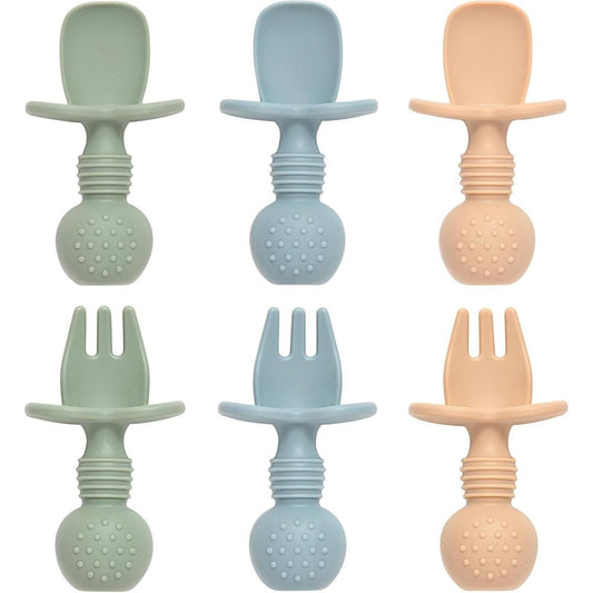 Eascrozn baby spoons and forks feeding set front view of six multi-colored silicone training utensils