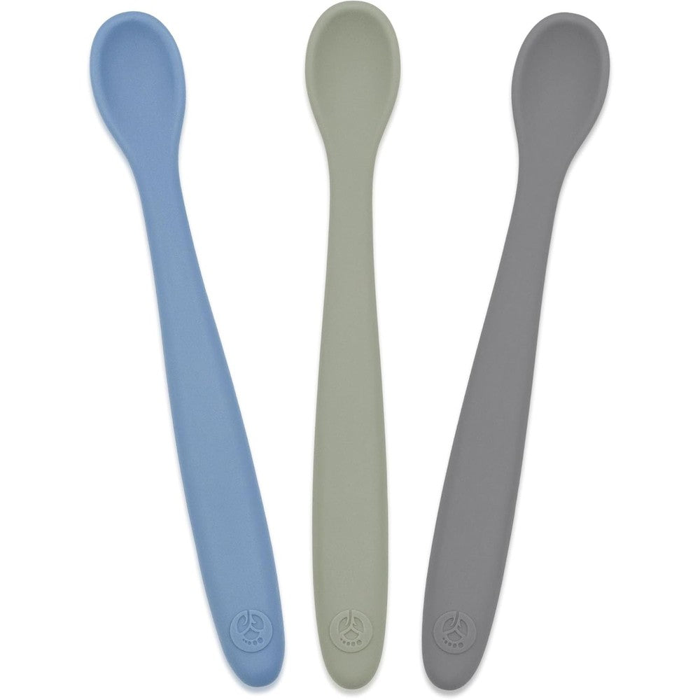 WeeSprout silicone baby spoons set of 3 in grey blue and green front view