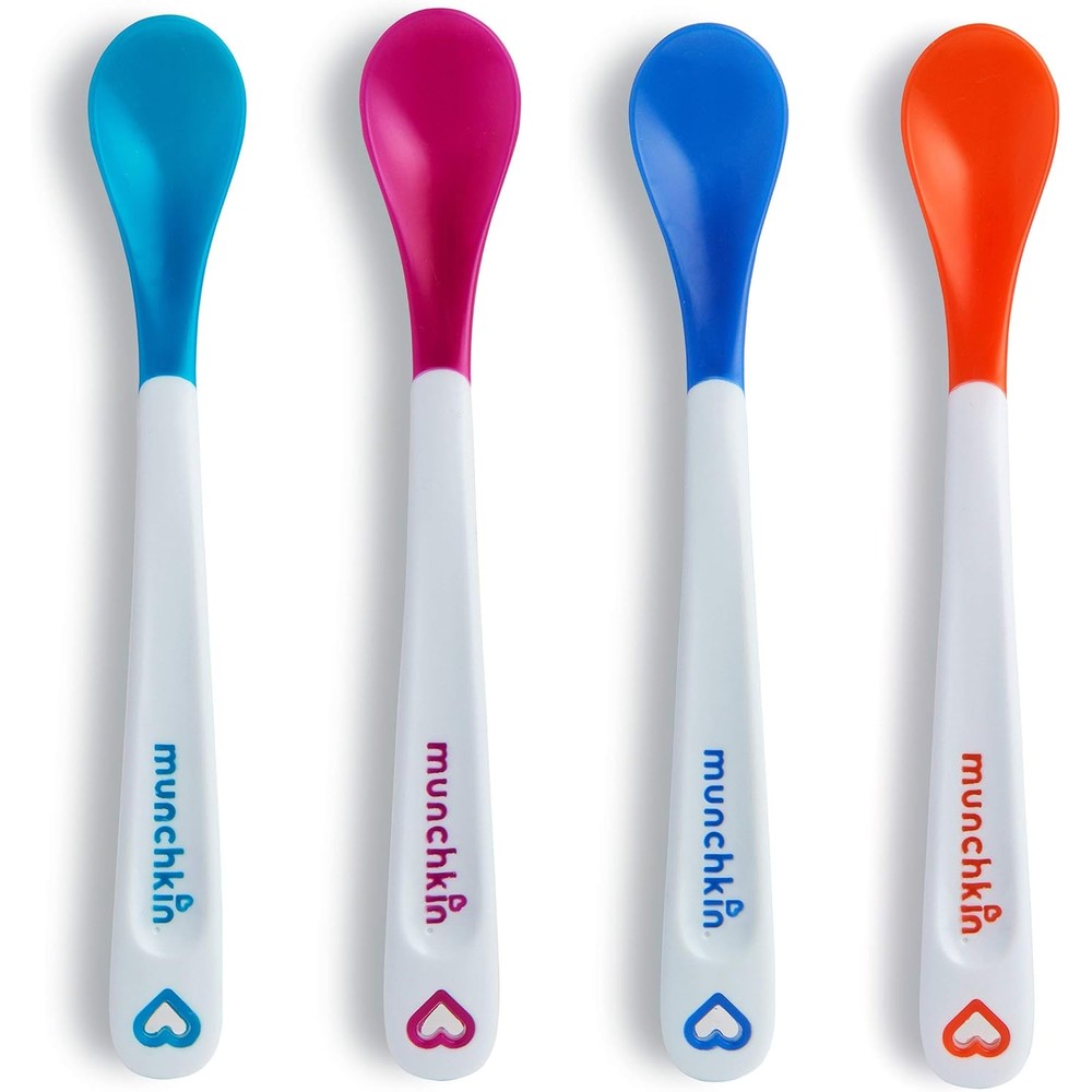 Munchkin White Hot Safety Baby Spoons four pack front view showing premium imported infant feeding cutlery